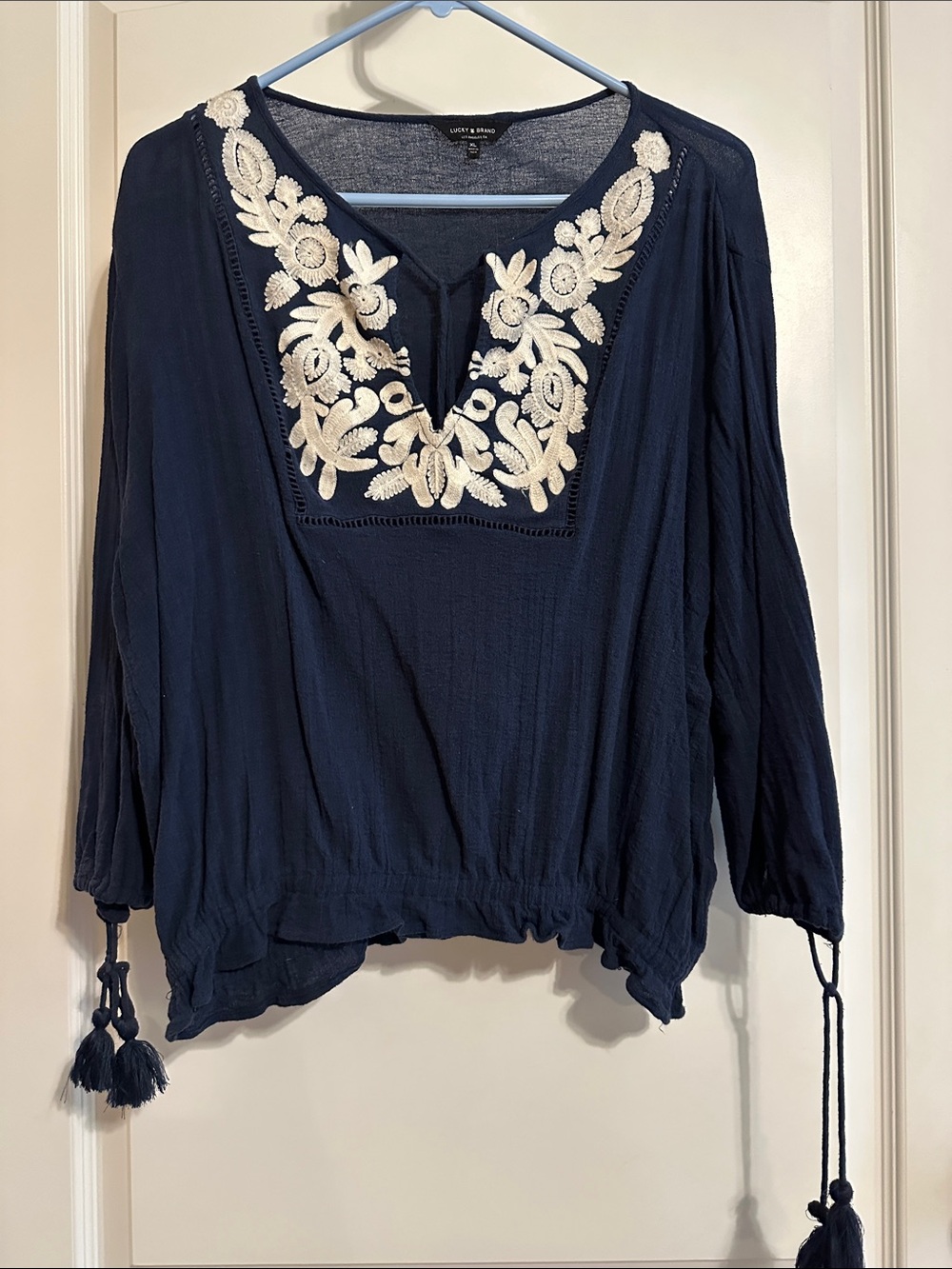 Lucky Brand Navy Tunic with Cream Embroidered Yoke